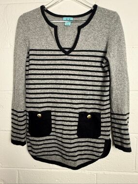 Two Bees Cashmere 100% Cashmere Striped Sweater Women’s Medium Gray Black Nautic